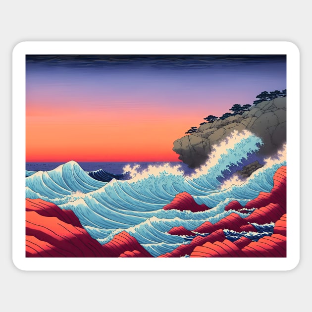 Ukiyo-e Japanese Art - Waves Crashing Against a Rocky Coast at Sunset Sticker by allovervintage